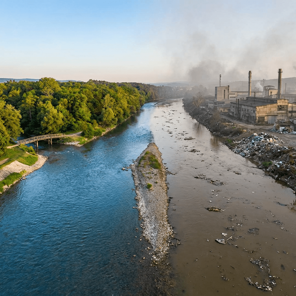 Clean blue river water versus brown polluted water near an industrial factory site.
