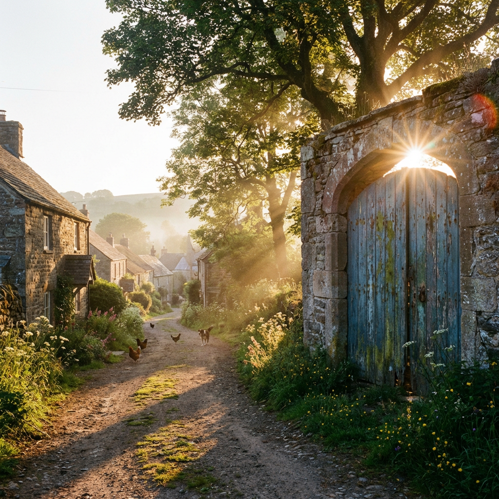 A rustic village path at sunrise with stone cottages, chickens, and a blue wooden gate.