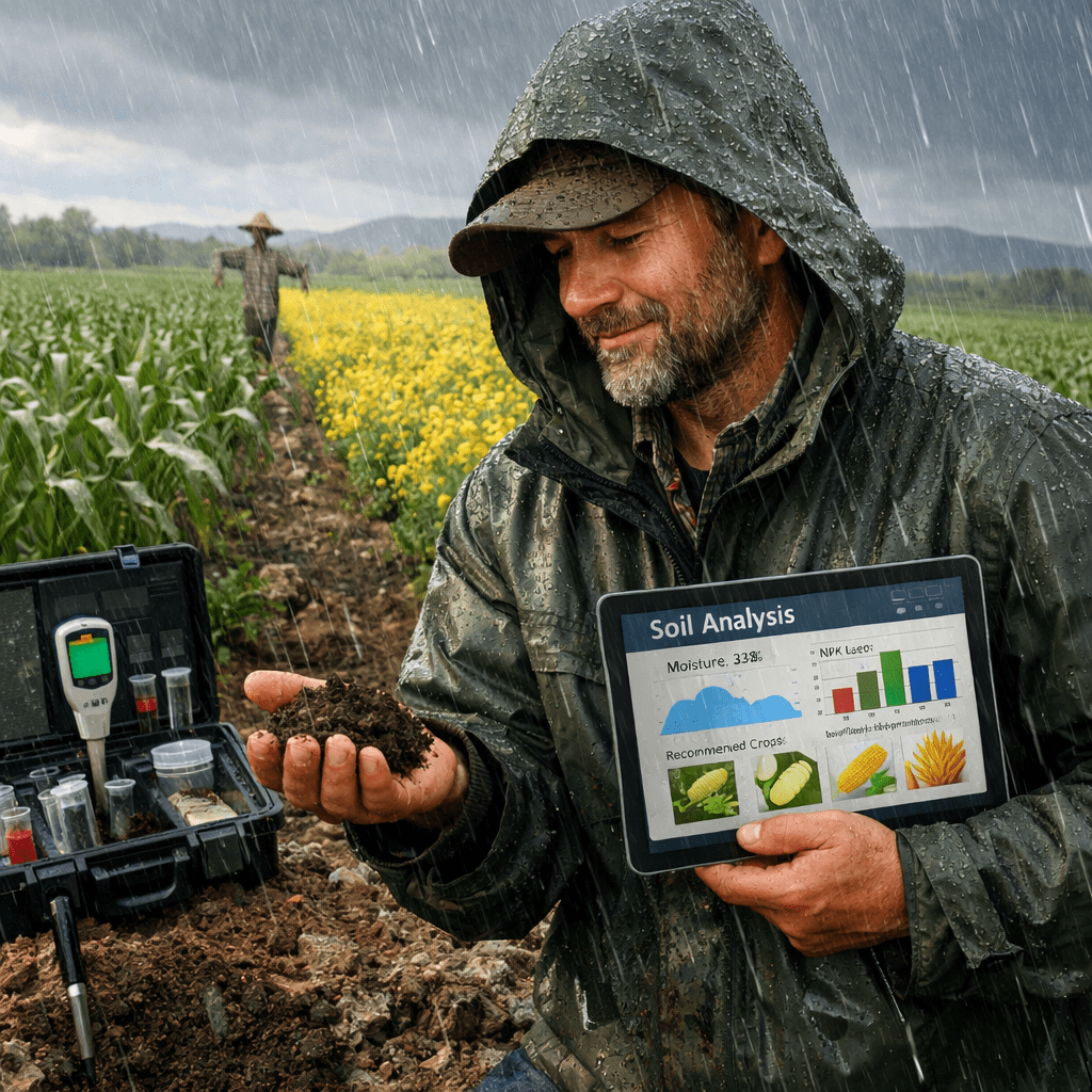 Farmer holding soil sample and tablet showing soil analysis data in rainy field