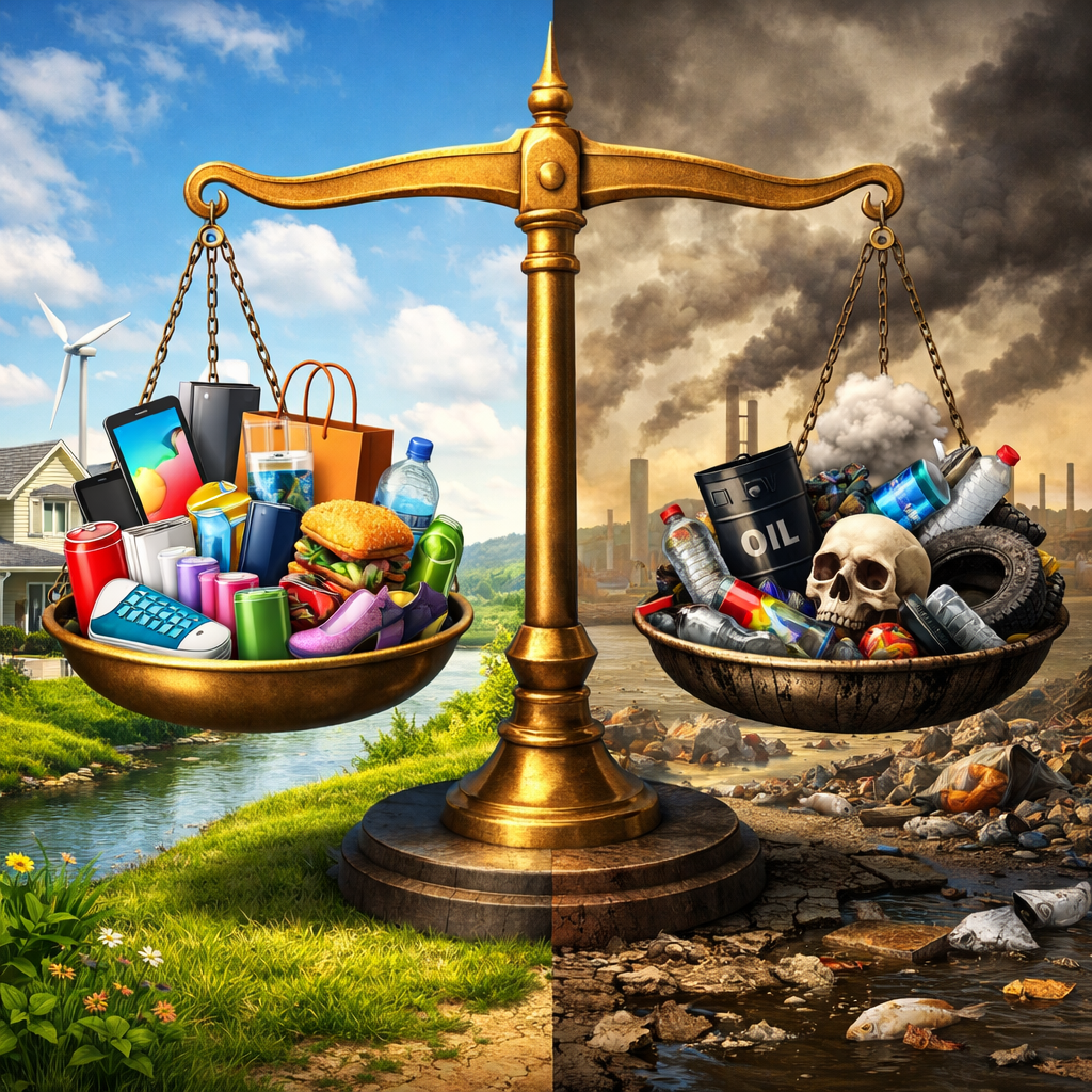 Golden balance scale with eco-friendly products on one side and pollution items including skull and oil barrel on the other