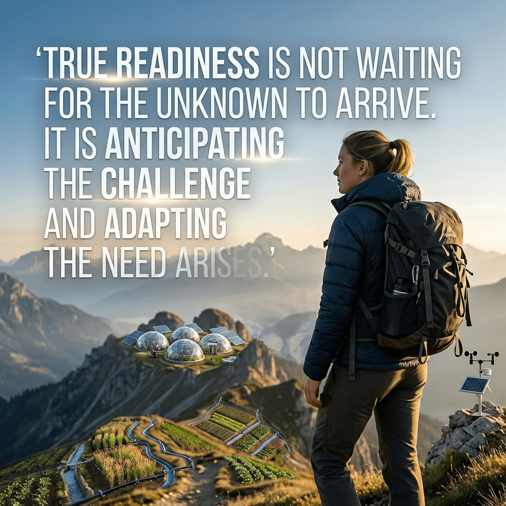 Hiker standing on mountain trail with motivational quote about readiness and adapting challenges